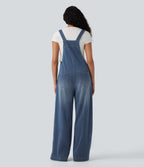 Square Neck Washed Denim Casual Dungarees with Pockets — Blue Jasper Denim — view 2