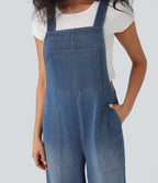 Square Neck Washed Denim Casual Dungarees with Pockets — Blue Jasper Denim — view 4