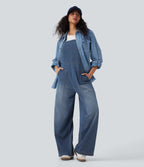 Square Neck Washed Denim Casual Dungarees with Pockets — Blue Jasper Denim — view 6