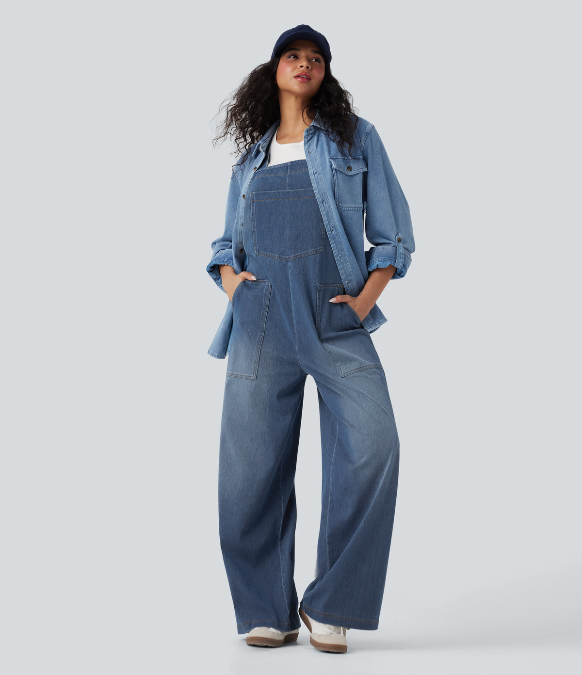 Square Neck Washed Denim Casual Dungarees with Pockets — Blue Jasper Denim — view 6