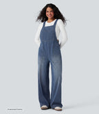 Square Neck Washed Denim Casual Dungarees with Pockets — Blue Jasper Denim — view 1