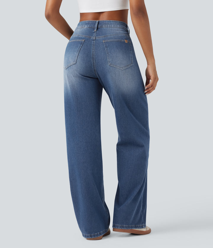 Asymmetric High Waisted Washed Casual Baggy Jeans with Pockets — Tide Blue Denim — view 2