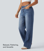 Asymmetric High Waisted Washed Casual Baggy Jeans with Pockets — Tide Blue Denim — view 7
