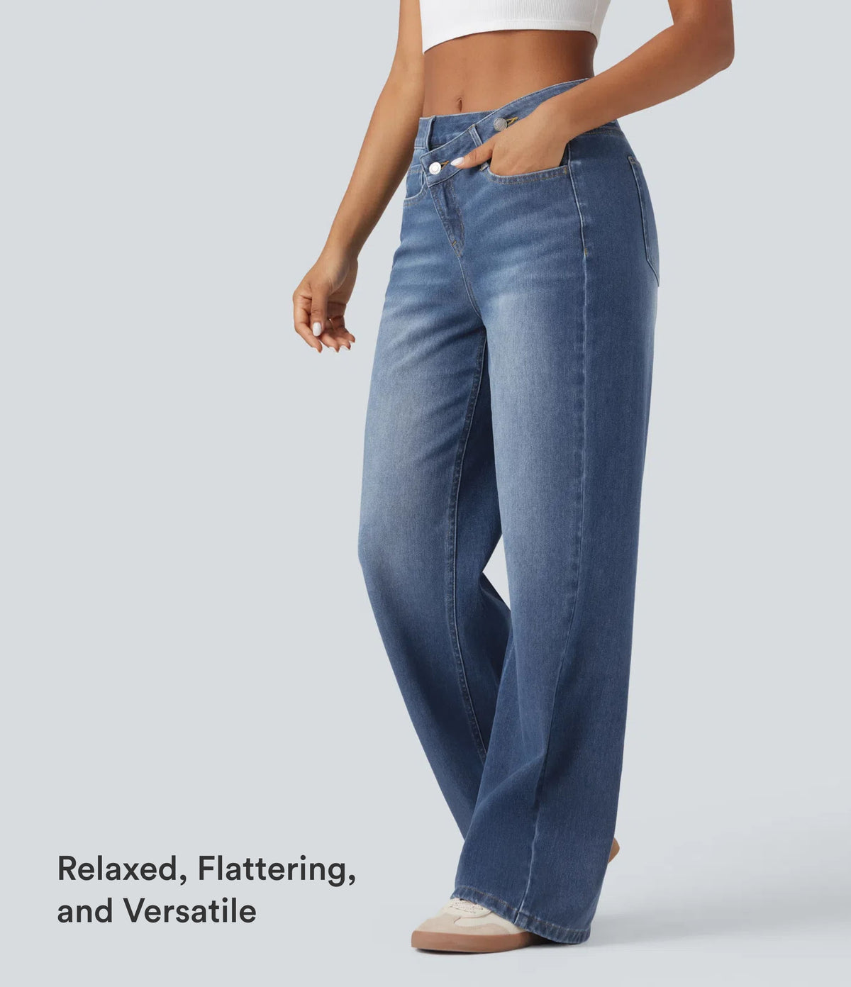 Asymmetric High Waisted Washed Casual Baggy Jeans with Pockets — Tide Blue Denim — view 7