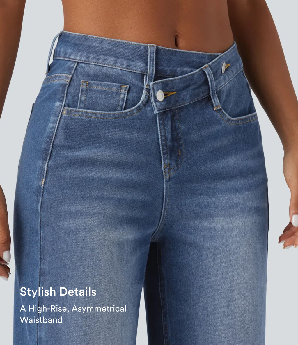 Asymmetric High Waisted Washed Casual Baggy Jeans with Pockets — Tide Blue Denim — view 6