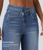 Asymmetric High Waisted Washed Casual Baggy Jeans with Pockets — Tide Blue Denim — view 6