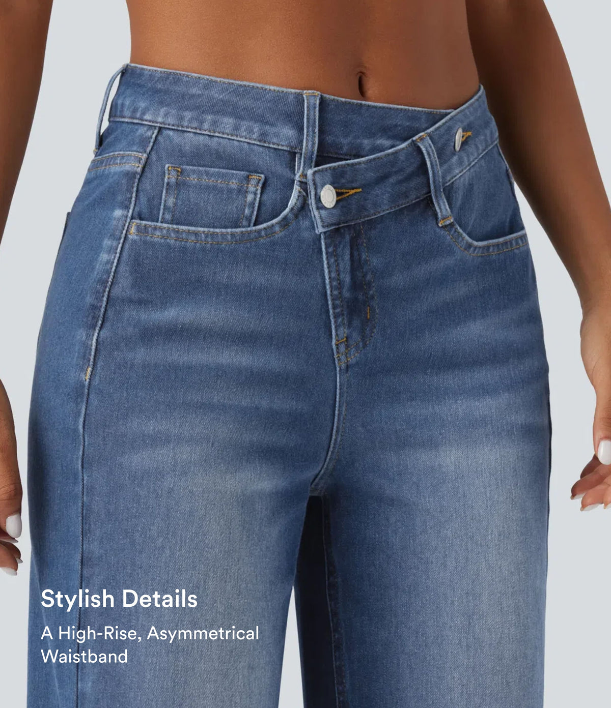 Asymmetric High Waisted Washed Casual Baggy Jeans with Pockets — Tide Blue Denim — view 6