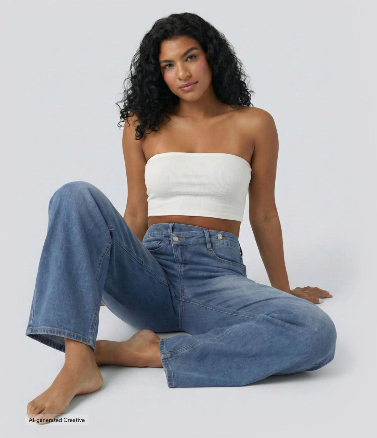 Asymmetric High Waisted Washed Casual Baggy Jeans with Pockets — Tide Blue Denim — view 3