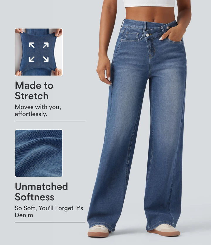 Asymmetric High Waisted Washed Casual Baggy Jeans with Pockets — Tide Blue Denim — view 1