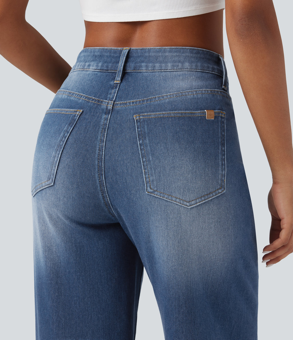 Asymmetric High Waisted Washed Casual Baggy Jeans with Pockets — Tide Blue Denim — view 8