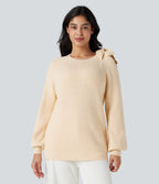 Round Neck Tie Side Long Sleeve Jumper Knit Casual Top — White Smoke — view 5