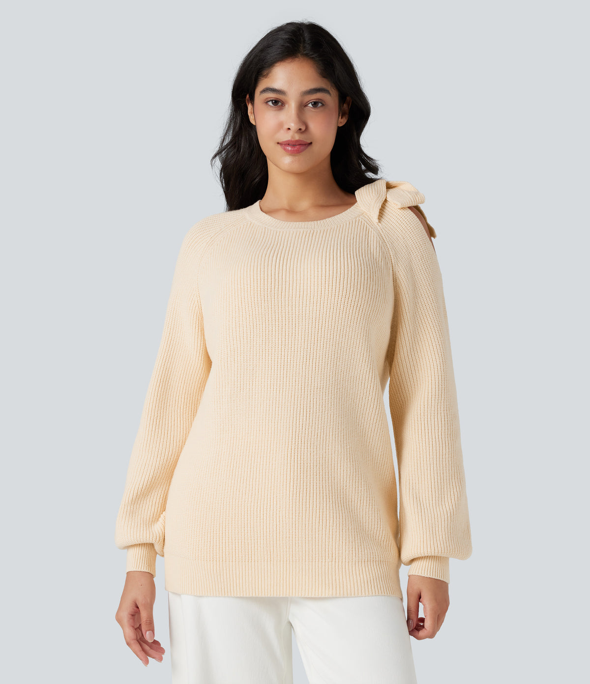 Round Neck Tie Side Long Sleeve Jumper Knit Casual Top — White Smoke — view 5