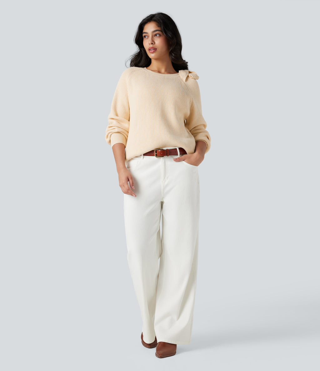 Round Neck Tie Side Long Sleeve Jumper Knit Casual Top — White Smoke — view 6