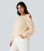 Round Neck Tie Side Long Sleeve Jumper Knit Casual Top — White Smoke — view 3
