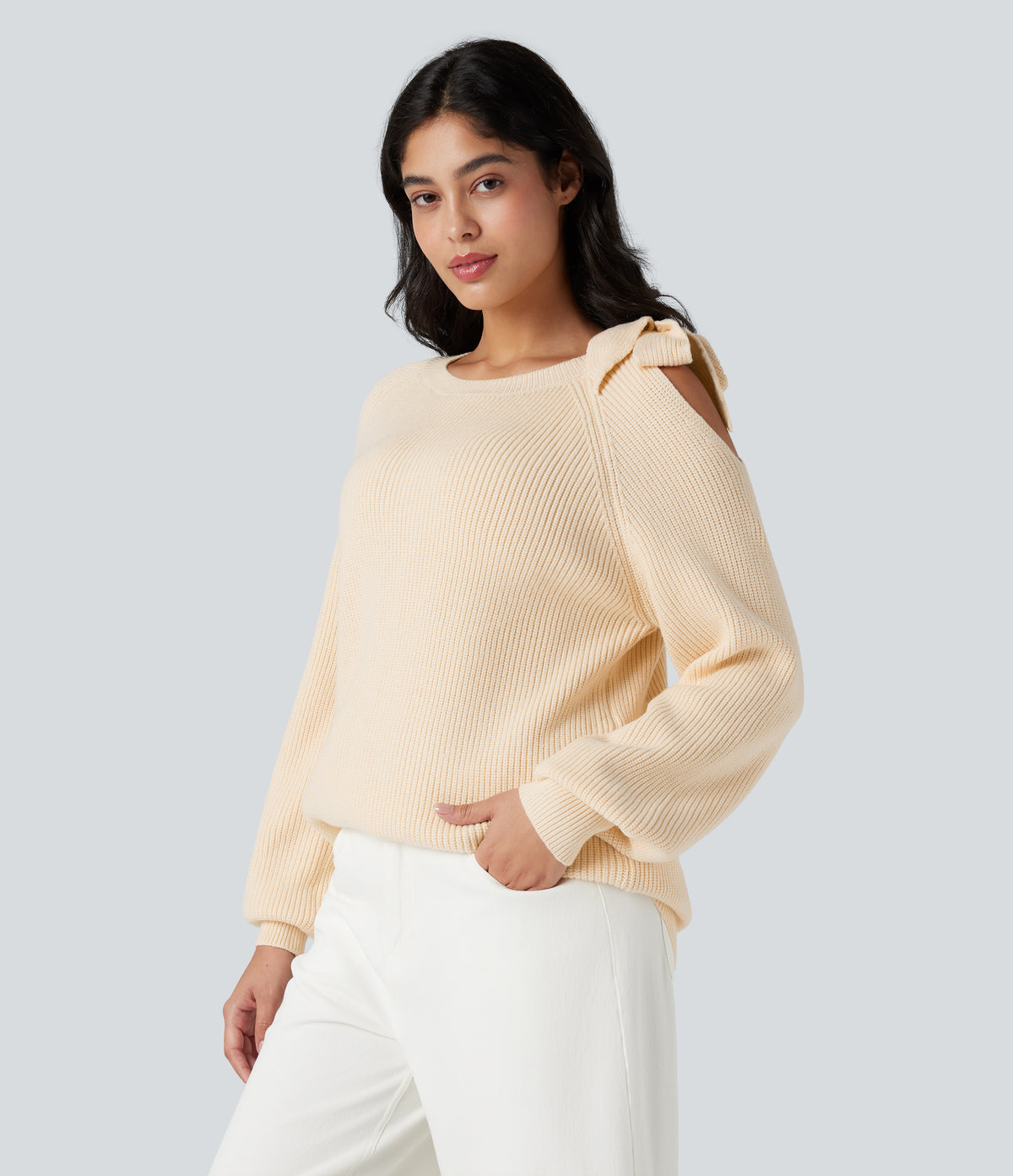 Round Neck Tie Side Long Sleeve Jumper Knit Casual Top — White Smoke — view 3
