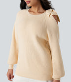 Round Neck Tie Side Long Sleeve Jumper Knit Casual Top — White Smoke — view 4