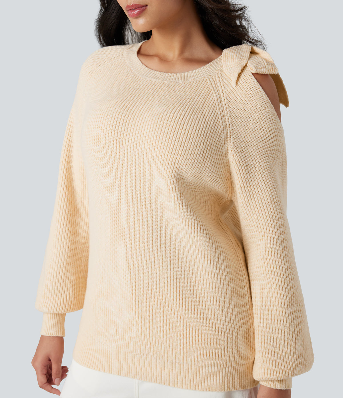 Round Neck Tie Side Long Sleeve Jumper Knit Casual Top — White Smoke — view 4