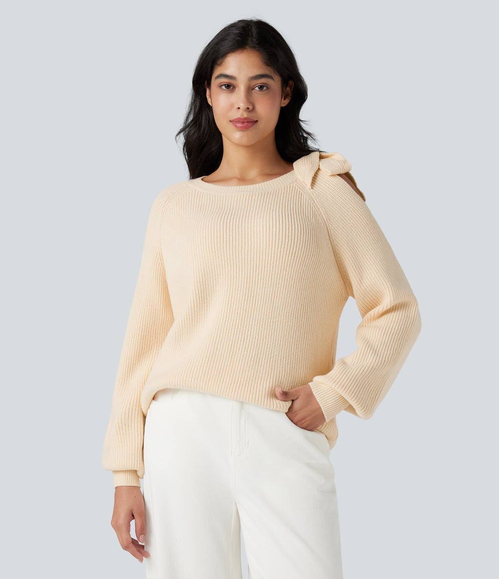 Round Neck Tie Side Long Sleeve Jumper Knit Casual Top — White Smoke — view 1