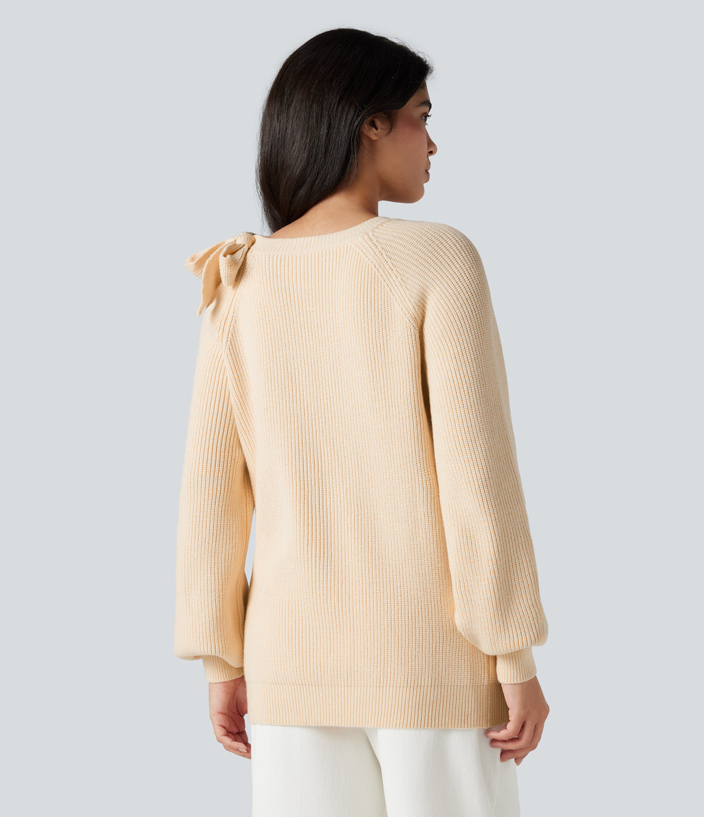 Round Neck Tie Side Long Sleeve Jumper Knit Casual Top — White Smoke — view 2