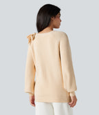 Round Neck Tie Side Long Sleeve Jumper Knit Casual Top — White Smoke — view 2