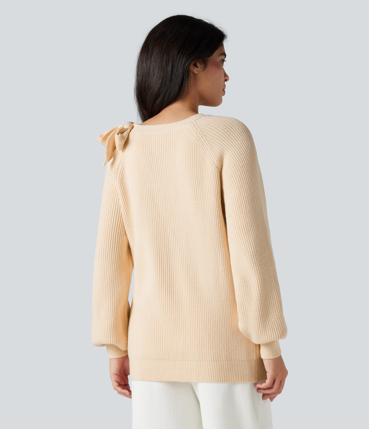 Round Neck Tie Side Long Sleeve Jumper Knit Casual Top — White Smoke — view 2