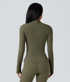 Push-Up Long Sleeve Thumb Hole Zipper Ruffle Hem Yoga Curvy Jacket — Grass Grey Green — view 3