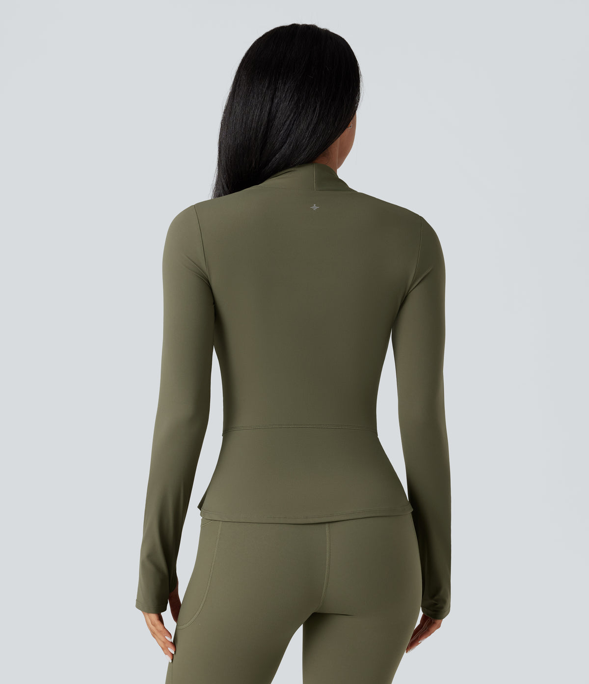 Push-Up Long Sleeve Thumb Hole Zipper Ruffle Hem Yoga Curvy Jacket — Grass Grey Green — view 3