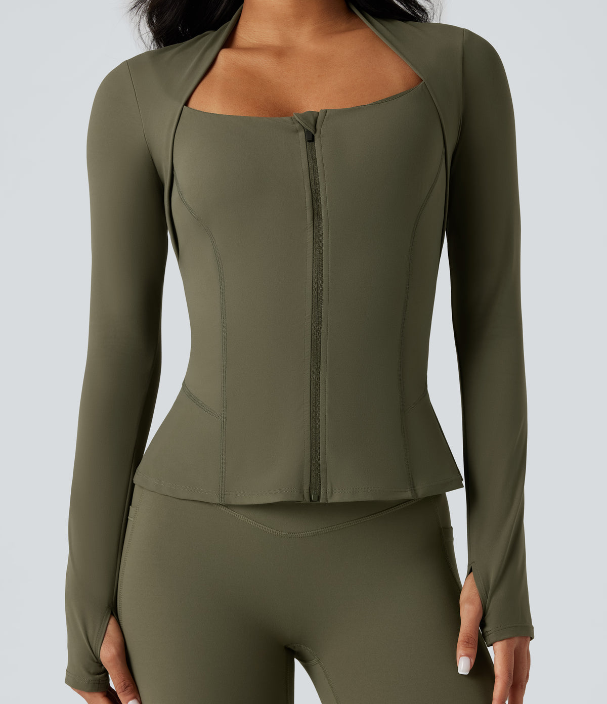 Push-Up Long Sleeve Thumb Hole Zipper Ruffle Hem Yoga Curvy Jacket — Grass Grey Green — view 5
