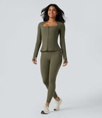 Push-Up Long Sleeve Thumb Hole Zipper Ruffle Hem Yoga Curvy Jacket — Grass Grey Green — view 6