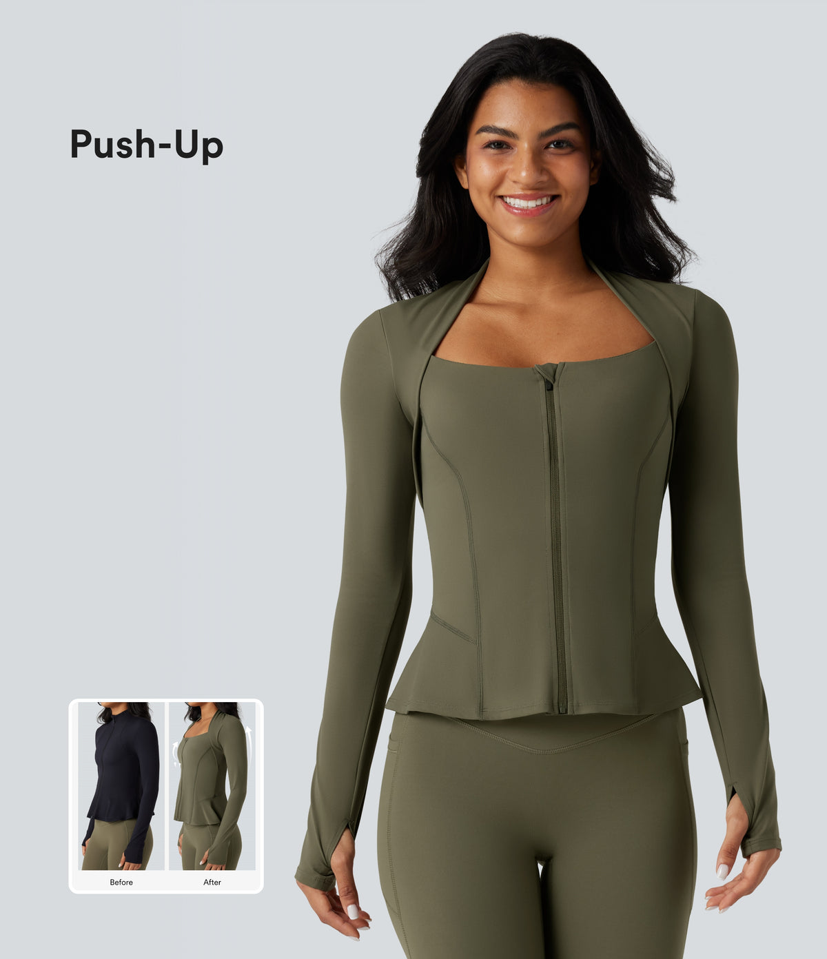 Push-Up Long Sleeve Thumb Hole Zipper Ruffle Hem Yoga Curvy Jacket — Grass Grey Green — view 1