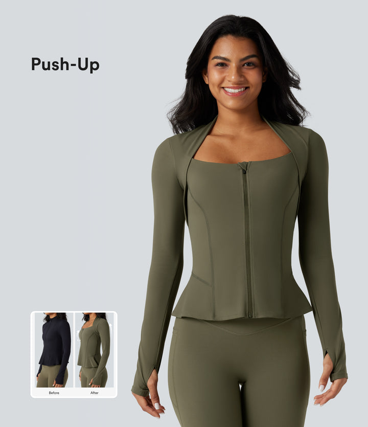 Push-Up Long Sleeve Thumb Hole Zipper Ruffle Hem Yoga Curvy Jacket — Grass Grey Green — view 1