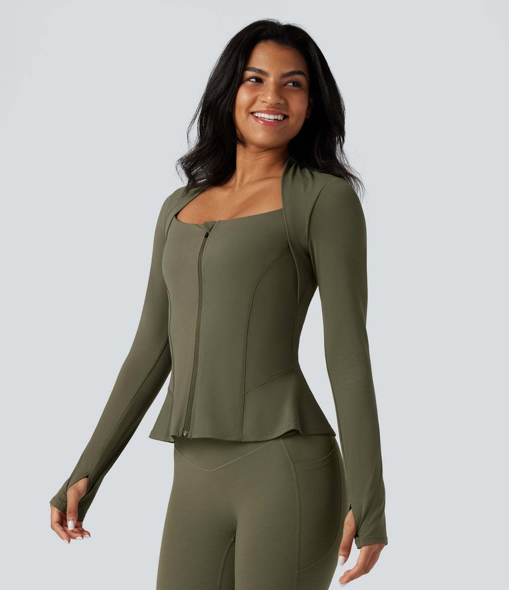 Push-Up Long Sleeve Thumb Hole Zipper Ruffle Hem Yoga Curvy Jacket — Grass Grey Green — view 4