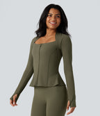 Push-Up Long Sleeve Thumb Hole Zipper Ruffle Hem Yoga Curvy Jacket — Grass Grey Green — view 4