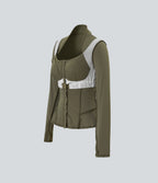 Push-Up Long Sleeve Thumb Hole Zipper Ruffle Hem Yoga Curvy Jacket — Grass Grey Green — view 7