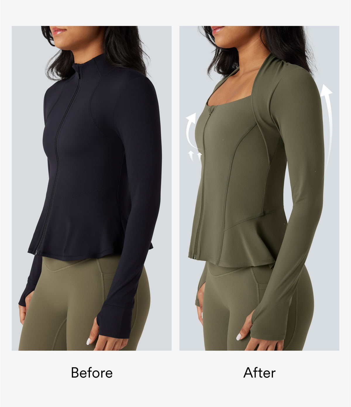 Push-Up Long Sleeve Thumb Hole Zipper Ruffle Hem Yoga Curvy Jacket — Grass Grey Green — view 2