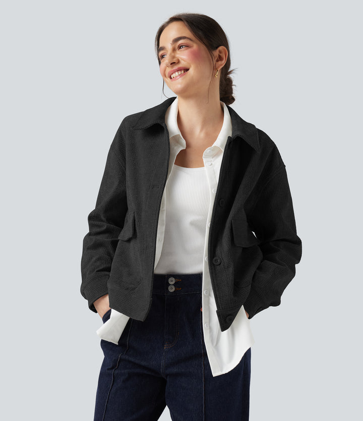 Long Sleeve Casual Jacket with Pockets — Black — view 9