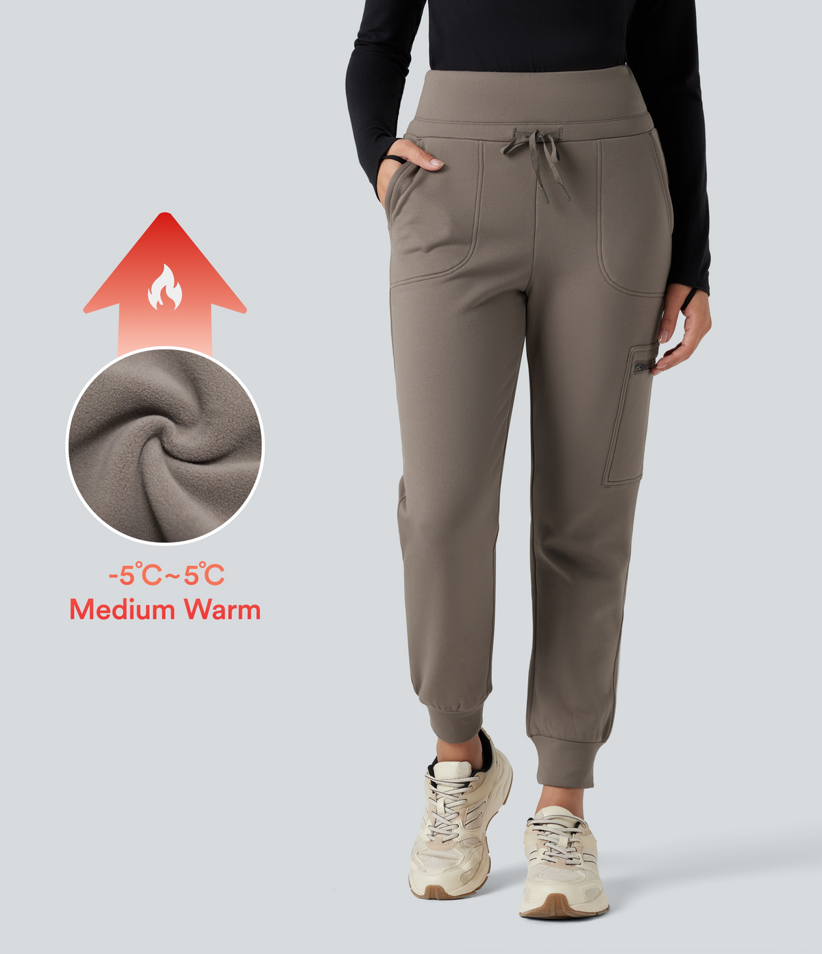High Waisted Drawstring Tapered Fleece Hiking Joggers with Pockets — Walnut — view 1