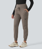 High Waisted Drawstring Tapered Fleece Hiking Joggers with Pockets — Walnut — view 3