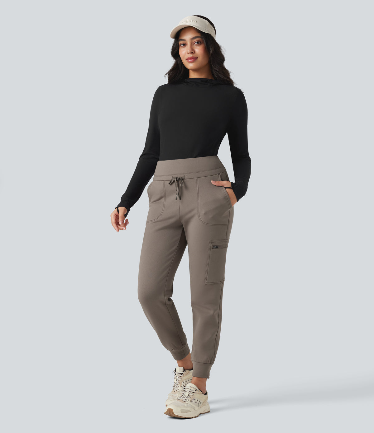 High Waisted Drawstring Tapered Fleece Hiking Joggers with Pockets — Walnut — view 6