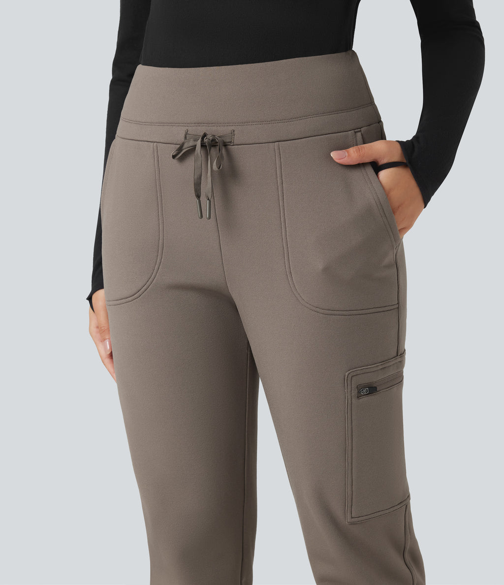 High Waisted Drawstring Tapered Fleece Hiking Joggers with Pockets — Walnut — view 4