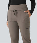 High Waisted Drawstring Tapered Fleece Hiking Joggers with Pockets — Walnut — view 4