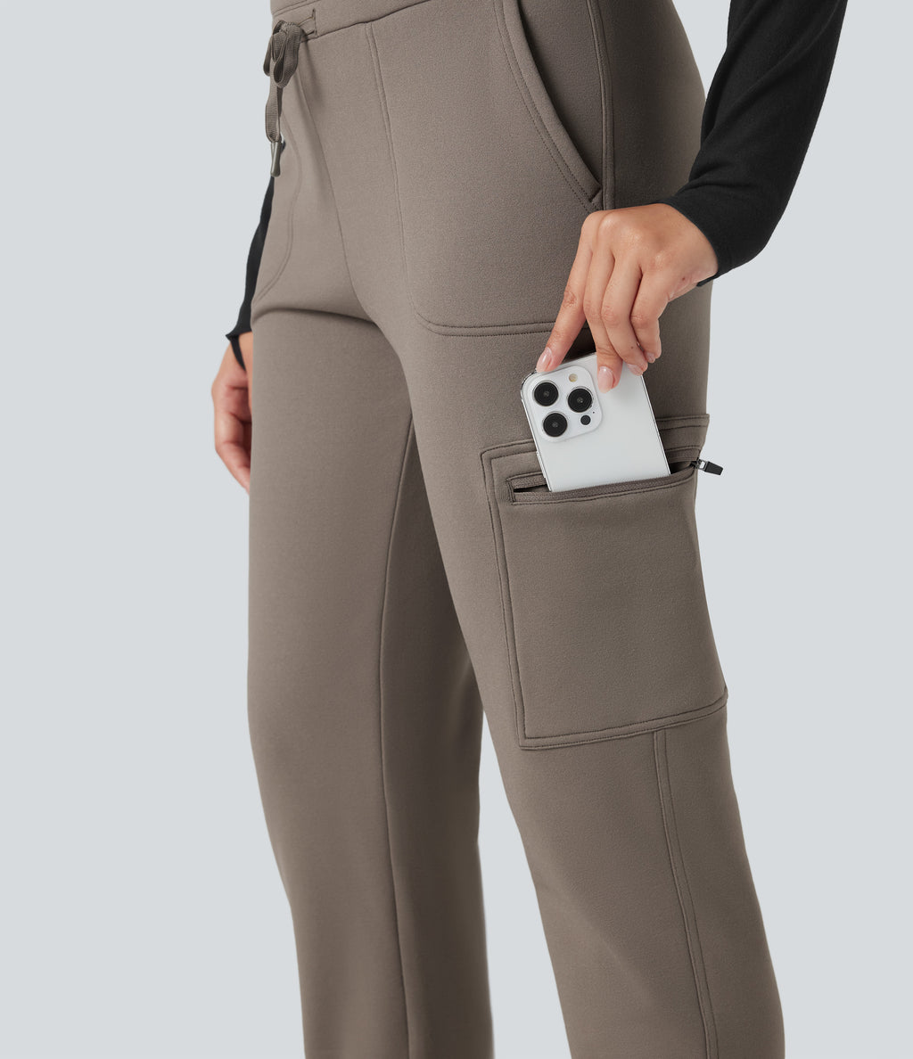 High Waisted Drawstring Tapered Fleece Hiking Joggers with Pockets — Walnut — view 5