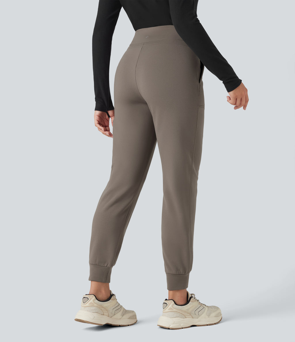 High Waisted Drawstring Tapered Fleece Hiking Joggers with Pockets — Walnut — view 2