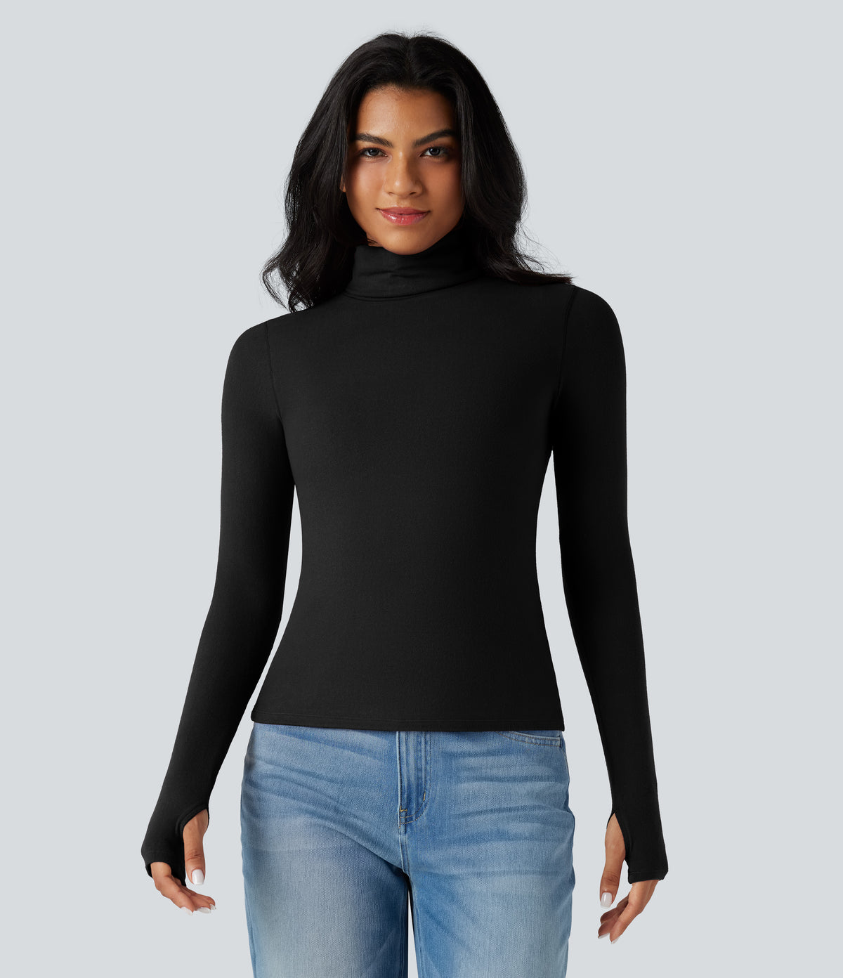 HeatCore Turtleneck Long Sleeve Thumb Hole Casual Warming Top — Black — view 3