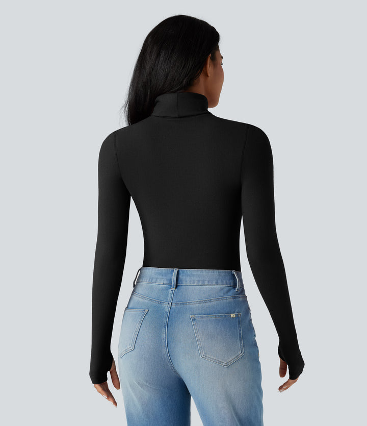 HeatCore Turtleneck Long Sleeve Thumb Hole Casual Warming Top — Black — view 2