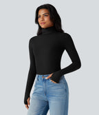 HeatCore Turtleneck Long Sleeve Thumb Hole Casual Warming Top — Black — view 7