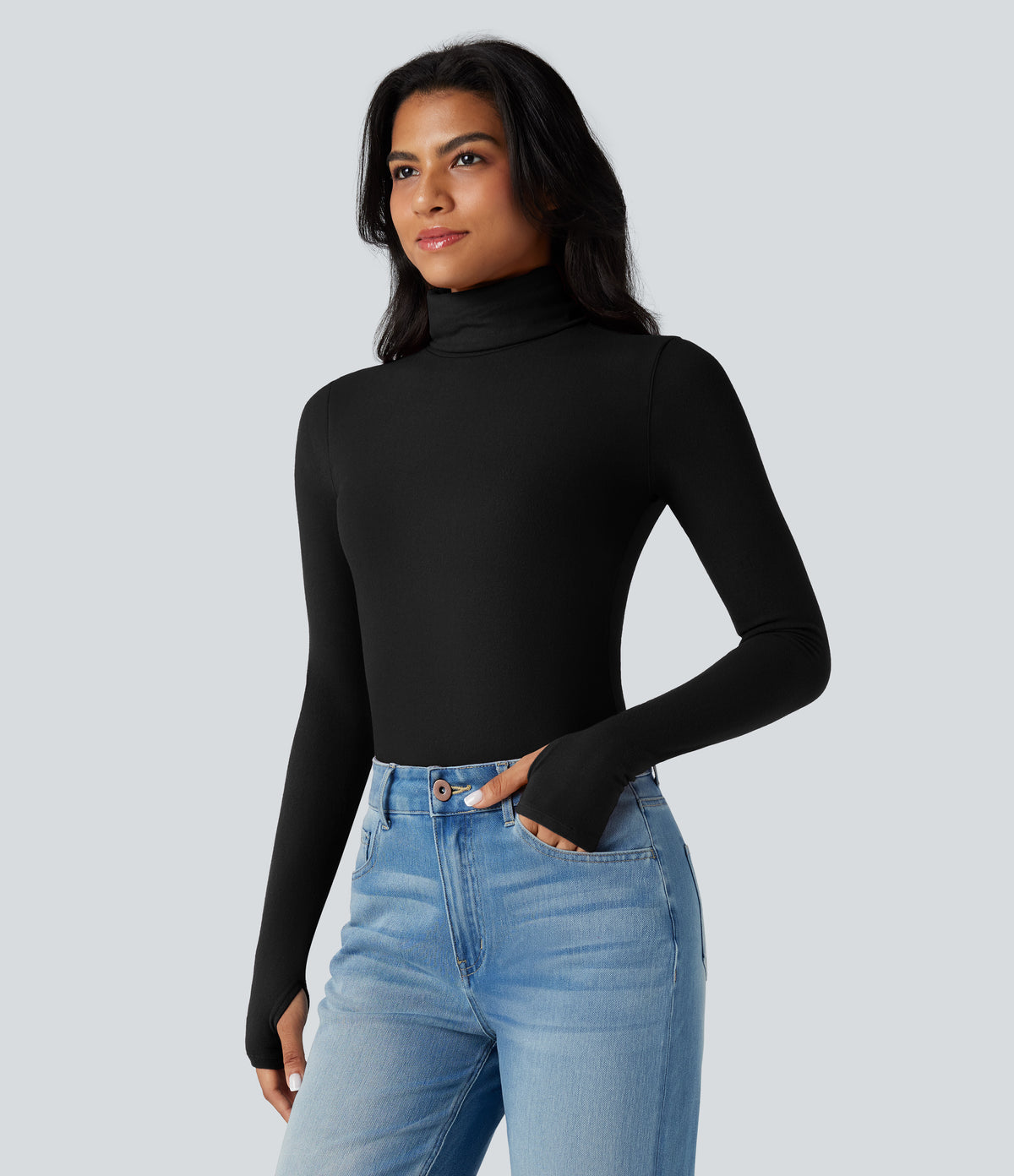 HeatCore Turtleneck Long Sleeve Thumb Hole Casual Warming Top — Black — view 7