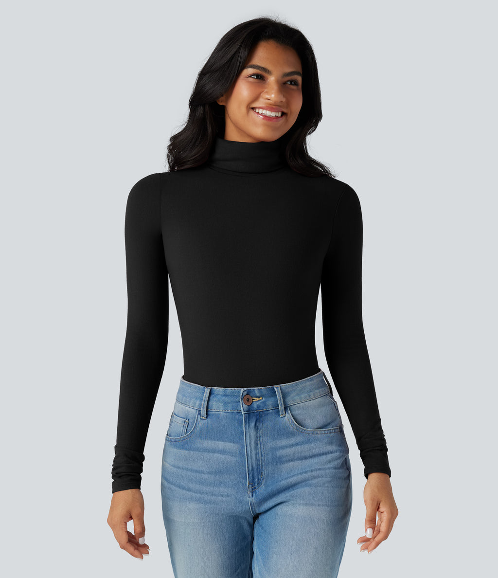 HeatCore Turtleneck Long Sleeve Thumb Hole Casual Warming Top — Black — view 6