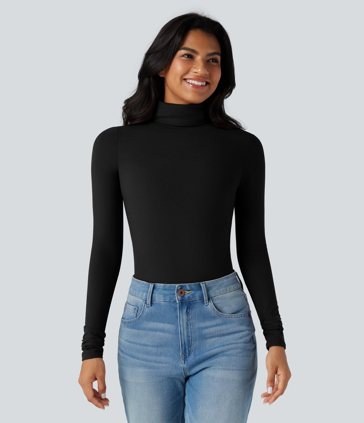 HeatCore Turtleneck Long Sleeve Thumb Hole Casual Warming Top — Black — view 6