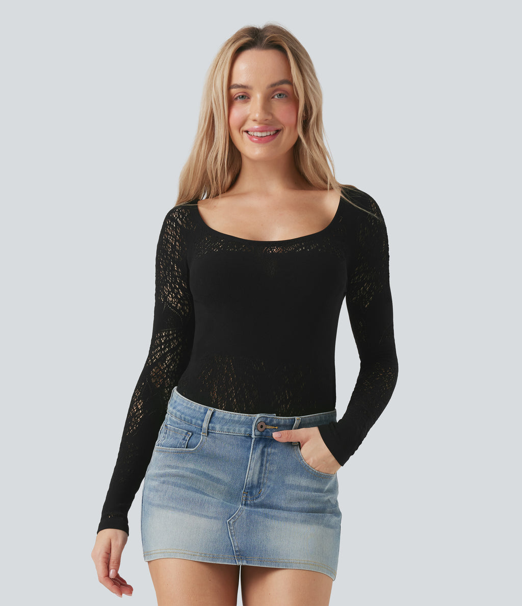 OneForm Seamless Flow Scoop Neck Cut Out Long Sleeve Casual Sports Top — Black — view 8